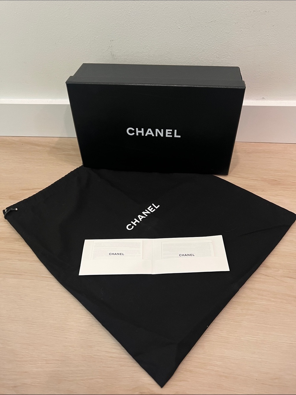 CHANEL Shoe Box, Dust Bag, Tissue & Shoe Care Guide 11 3/4”x7”x4”